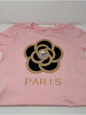 Pink Graphic Tee with Gold & Black Floral Emblem NWOT